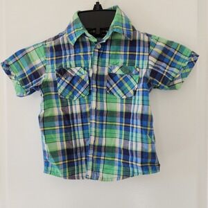 Kid's 24M Plaid Short Sleeve Button‎ Down Shirt Blue Green Fall Weekend Holiday